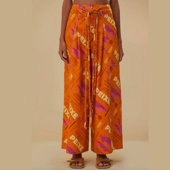 FARM Rio Fresh Fish Graphic Orange Wide Leg Pants Sz M - Picture 1 of 14